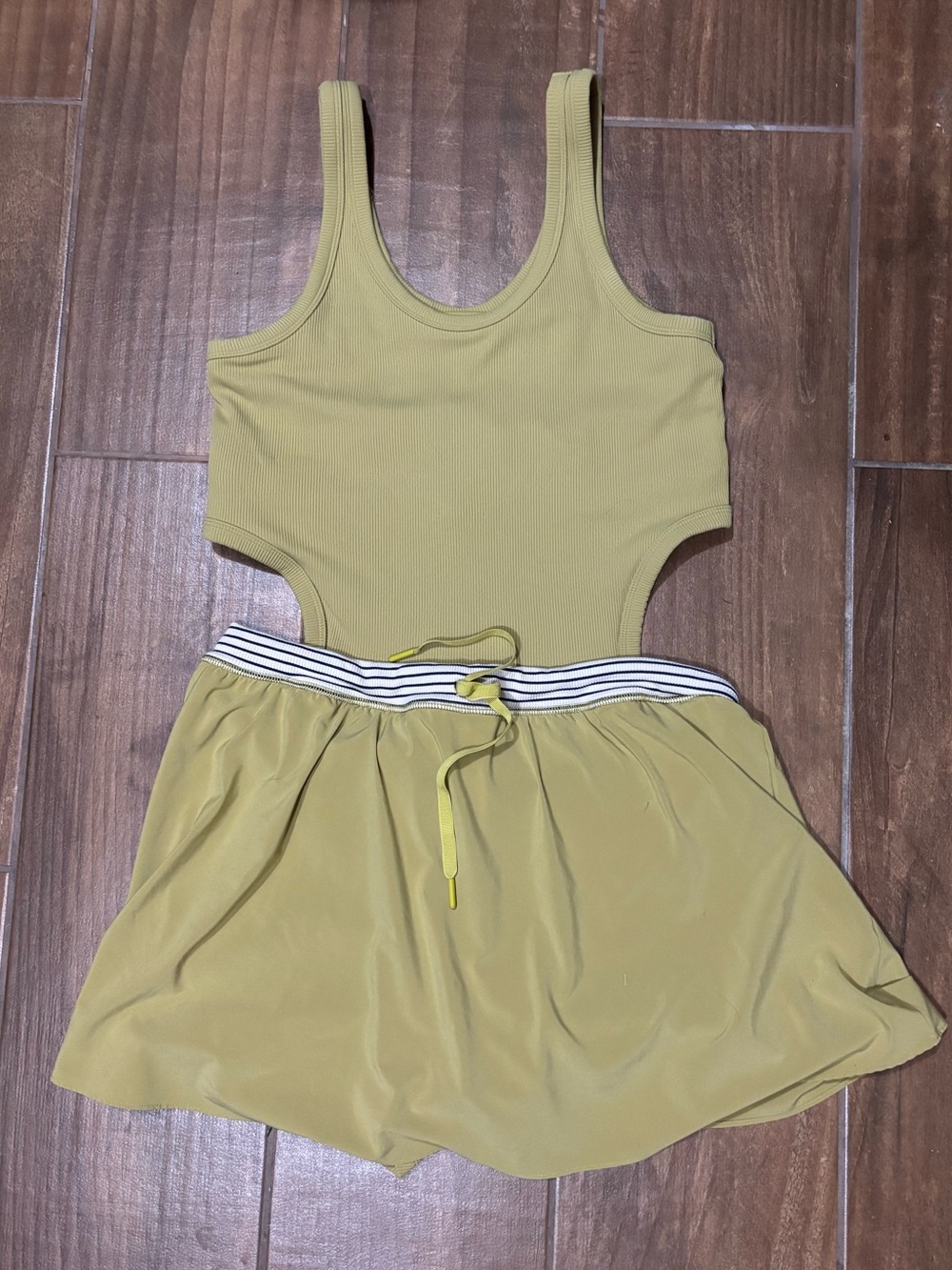 OFFLINE by Aerie Chartreuse Ribbed Cutout One Piece Skirted Swimsuit XL